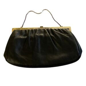 Vintage Etra Elegant Black Leather Goldtone Engraved Filagree Accents Clutch Bag